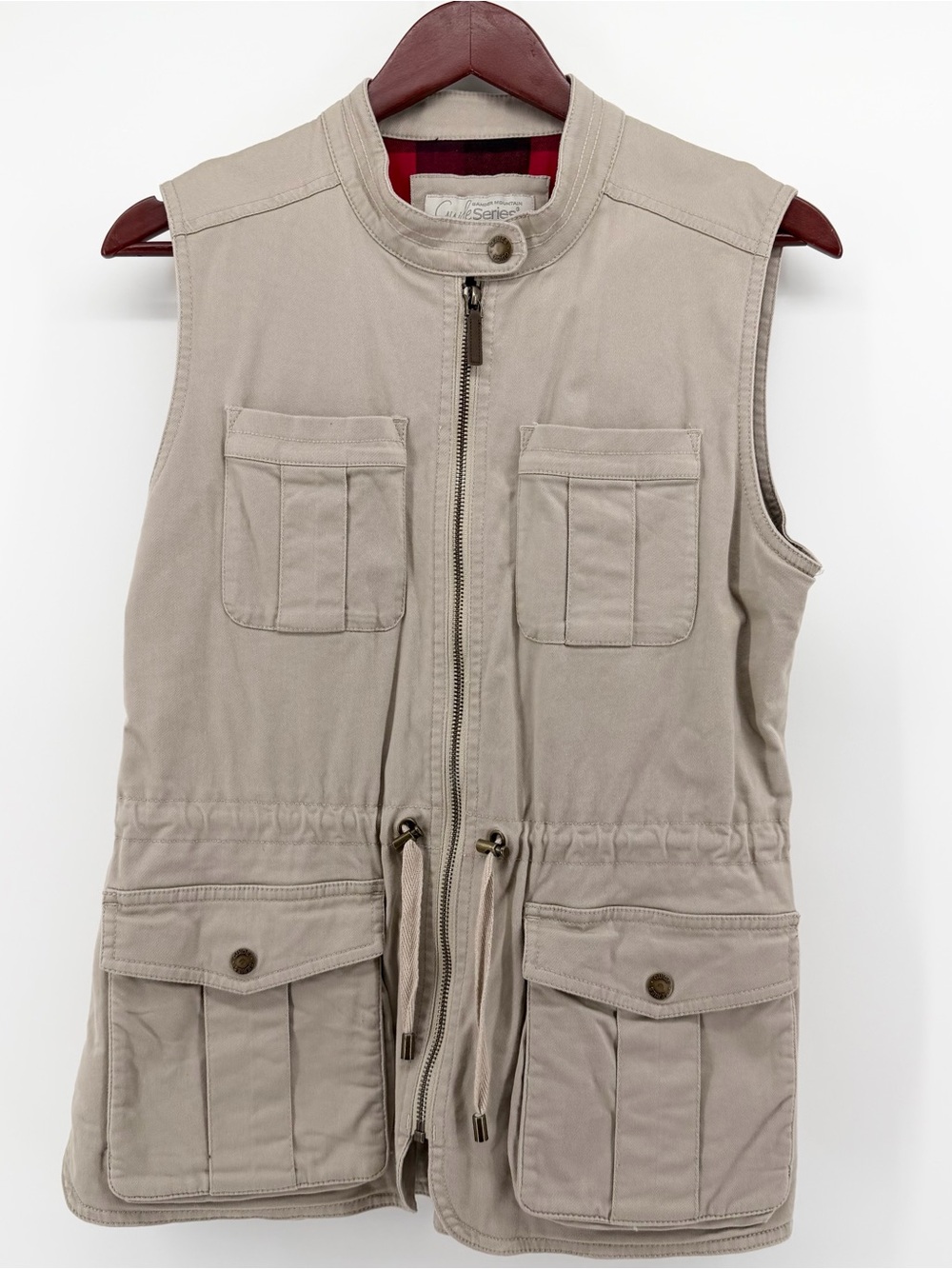 Gander Mountain Small (S) Guide Series Khaki Stretch Utility Cargo Vest Plaid